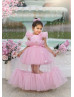 Blush Pink Butterflies Ruffled Tulle Long Flower Girl Dress